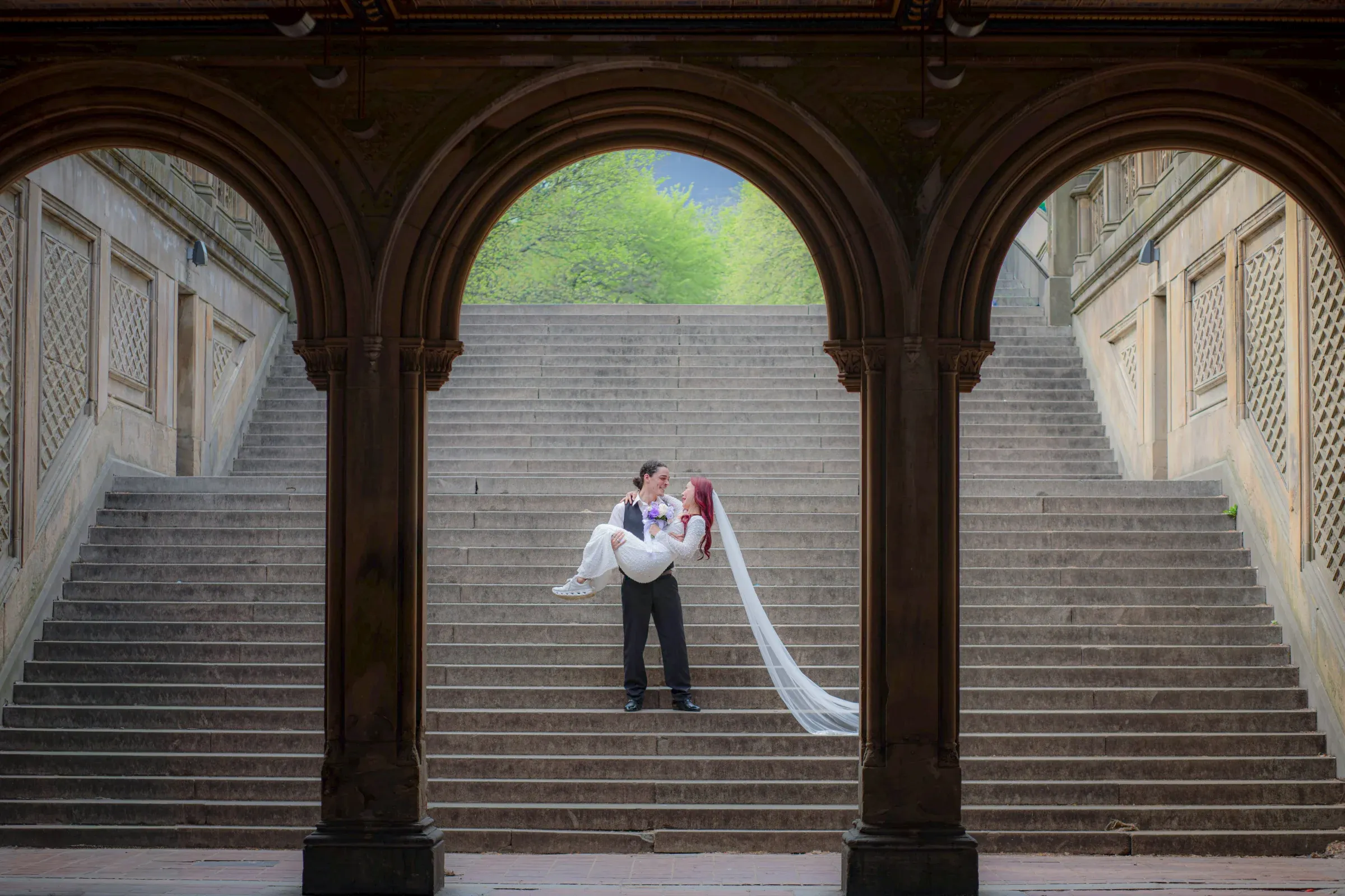 Cinematic wedding moment at Bethesda Terrace